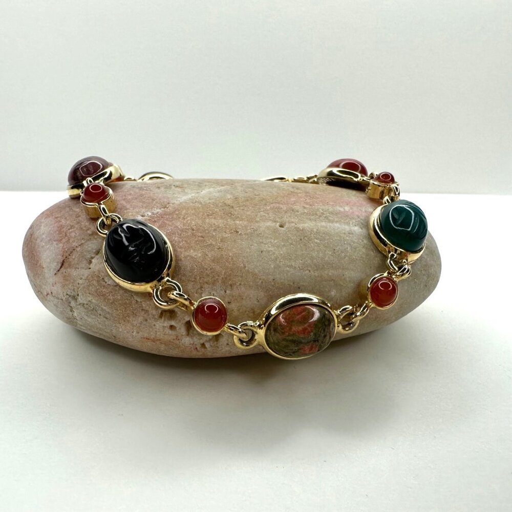 Scarab Multi Stone Carved Bracelet Gold Tone Chain Egyptian Revival